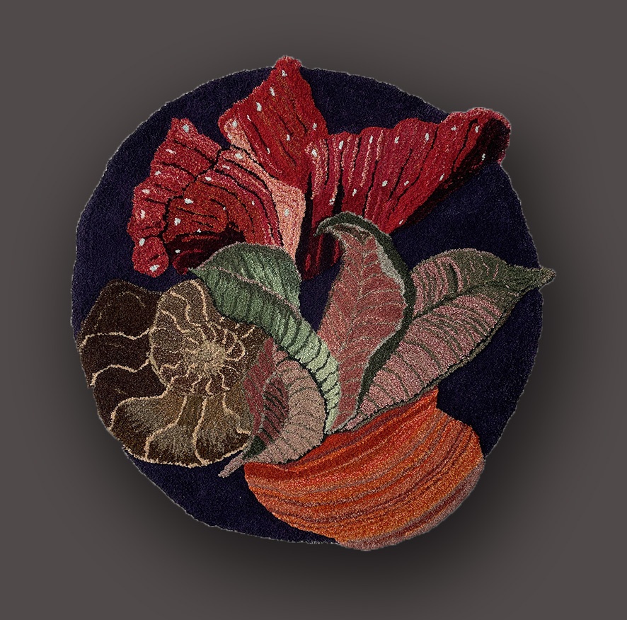 Tuftat textilt verk i ull och lingarn. ca 120 cm i diam